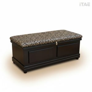 Amabala Kist, black lacquered wood storage kist with leopard-print fabric lid
