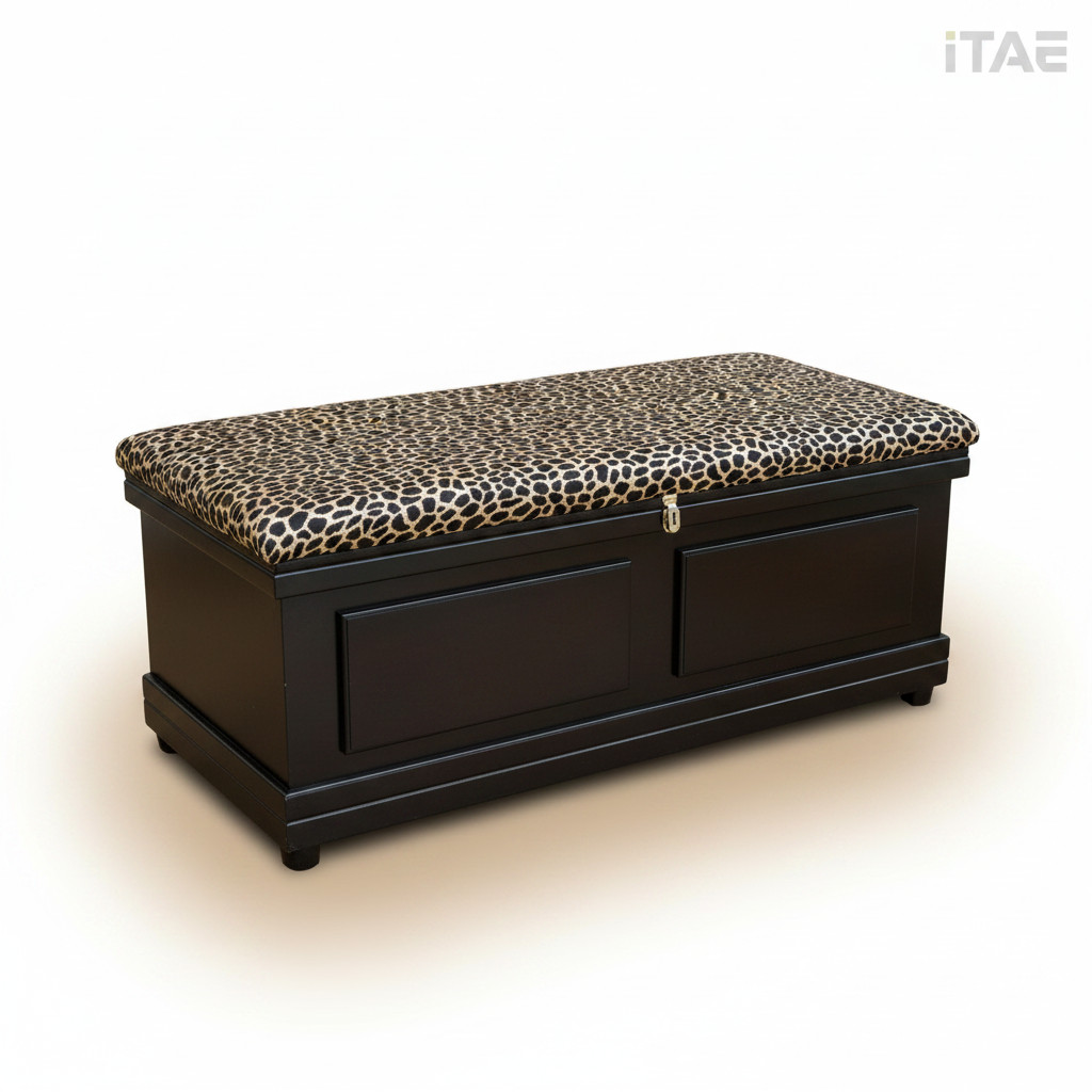 Amabala Kist, black lacquered wood storage kist with leopard-print fabric lid