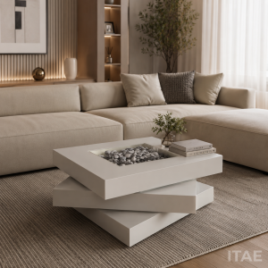 Axis swivel coffee table shown in a living room, showing the offset rotating tiers