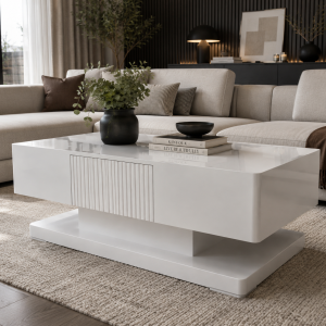 Float white gloss coffee table with fluted panel on an open pedestal base – Itae Furniture
