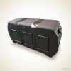 Guquko Kist, black lacquered curved-body kist with taupe leather and cowhide-stripe lid