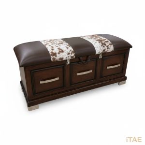 Ikhaya Bench, solid wood storage bench with cowhide-striped padded lid and three drawers