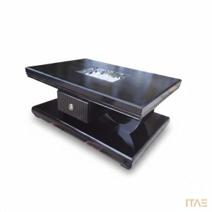 Keystone black lacquer coffee table with locking drawer and sealed stone inset – Itae Furniture