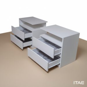 Ledge white bedside pedestal with raised floating top and marble-lined drawers – Itae Furniture