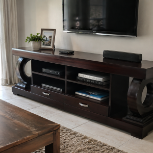Orbit TV stand shown in a living room beneath a mounted television, showing the ring legs