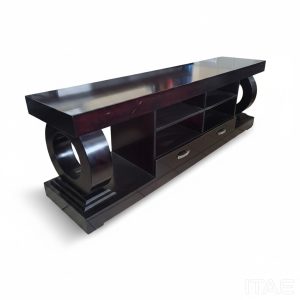 Orbit dark wood TV stand with sculptural ring legs and floating tabletop – Itae Furniture