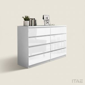 Sheen high-gloss white 8-drawer chest of drawers, handle-free, styled with books, a plant and a framed print