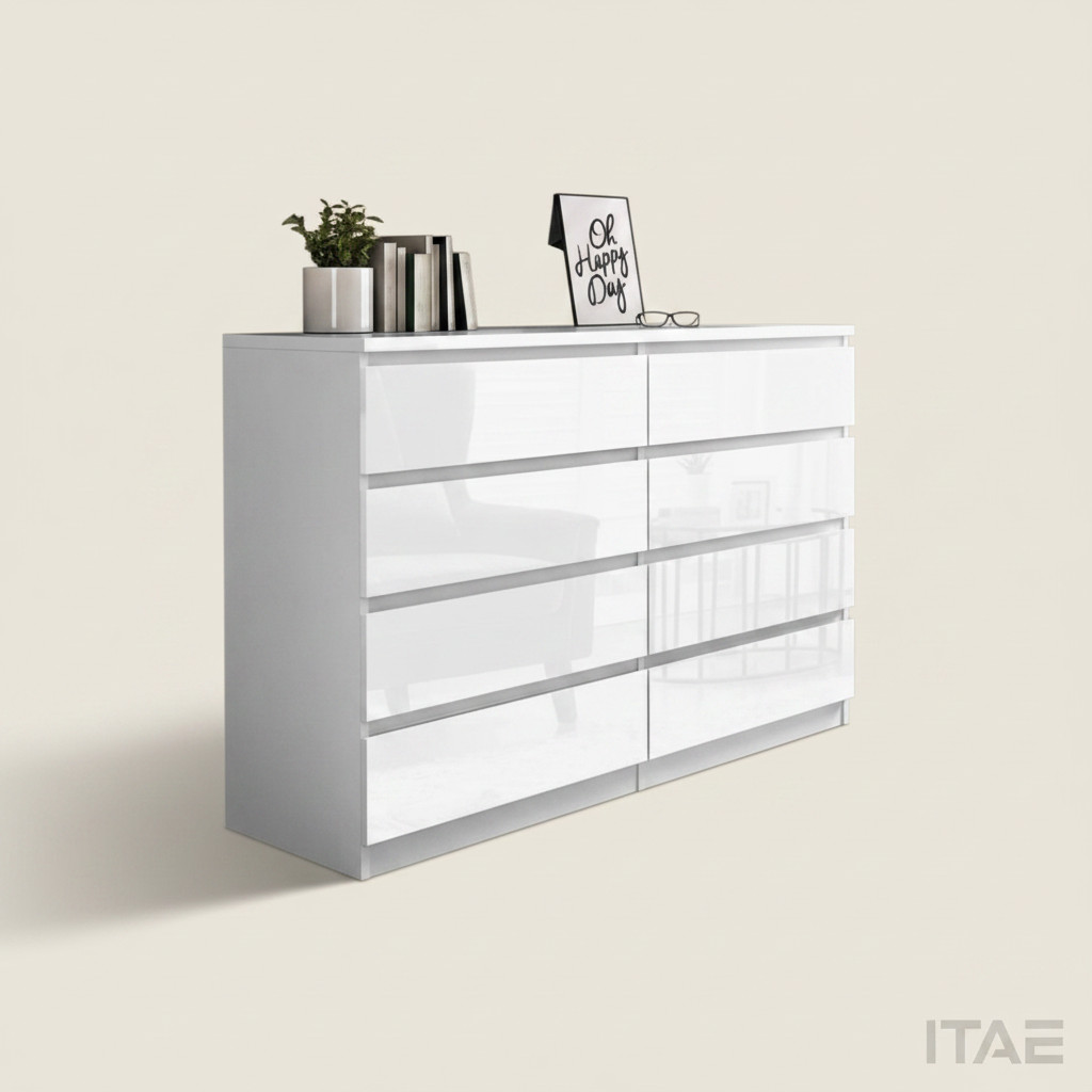 Sheen high-gloss white 8-drawer chest of drawers, handle-free, styled with books, a plant and a framed print