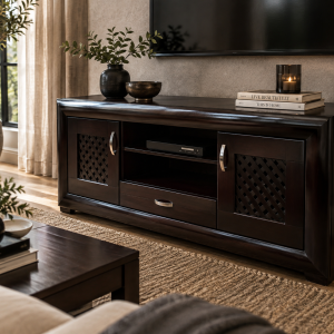 Trellis TV stand shown in a living room beneath a mounted television, showing the lattice doors