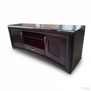 Trellis dark wood TV stand with lattice cabinet doors and rounded corners – Itae Furniture