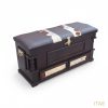 Ubukhosi Kist, solid wood kist with turned corner posts, cowhide-stripe lid, and ornate brass hardware