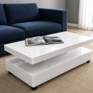Verge white gloss rotating coffee table with angled top tier over closed base – Itae Furniture